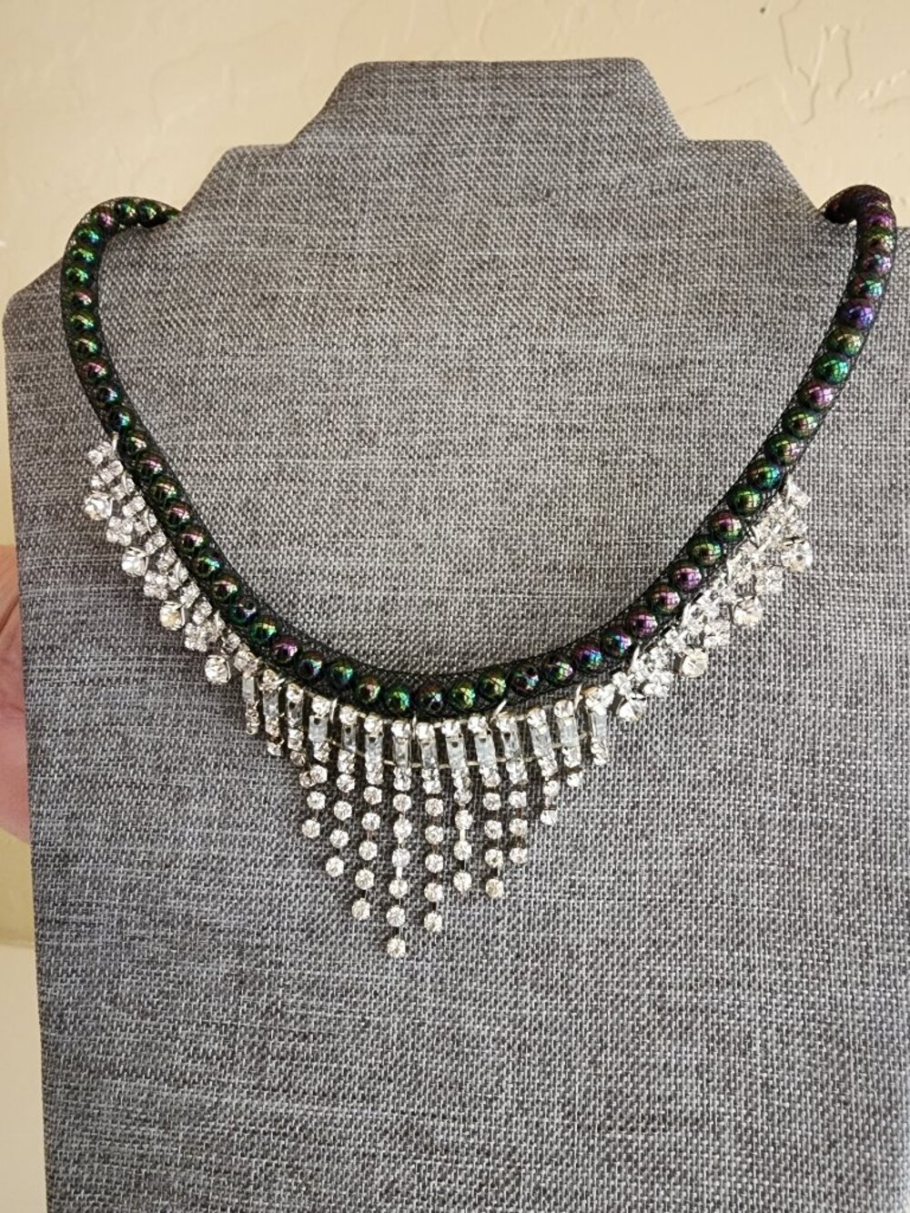 Rhinestone Cascade Fringe Black Iridescent Peacock Green Purple Bead Necklace
